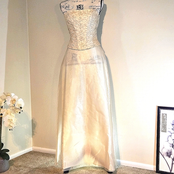 Zum Zum by Niki Livas Dresses & Skirts - Y2K Creamy Pale Yellow & Gold Thread Organza Corset 2 Piece Prom Dress *READ*
